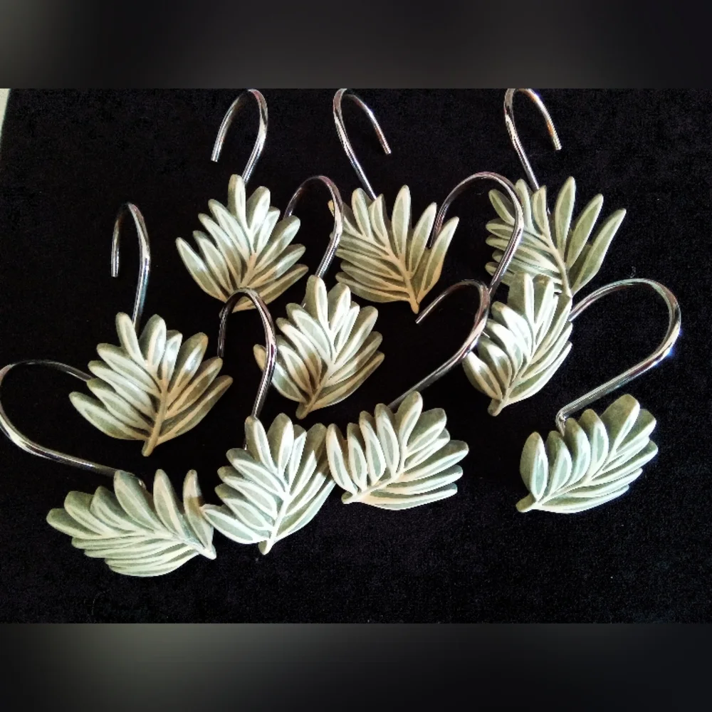 Set Shower Curtain Hooks Leaf Palm Frond Tropical Silver Green Hangers